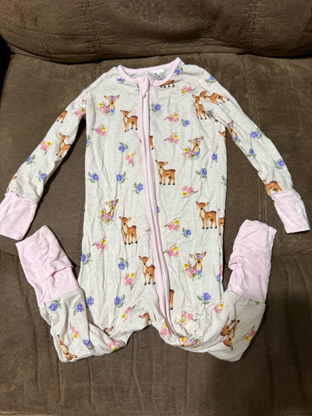 Source Unknown Cream Footie with Pink Trim and Deer Print